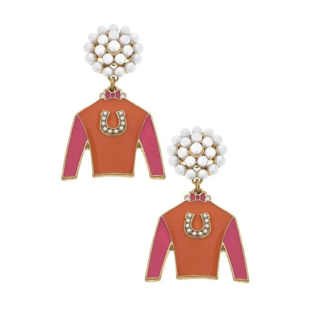 Riva Ridge Jockey Silk Enamel Drop Earrings in Orange & Pink